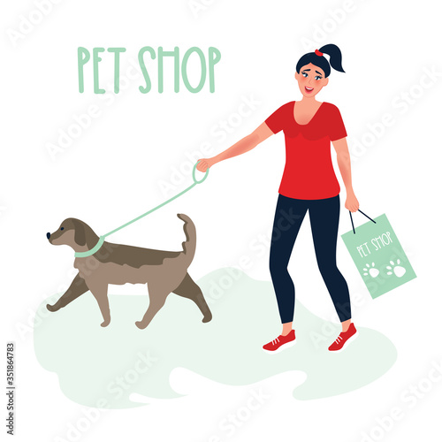 A girl goes shopping for a dog from an animal store. Walking Pets on a leash. Vector illustration of an animal store