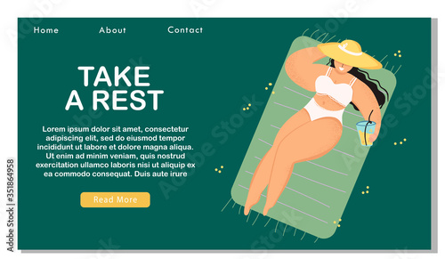 Girl on the beach with a bikini. Summer time. Beautiful woman wearing lying on the beach on a towel. Summer time beach illustration in vector landing. Take a rest