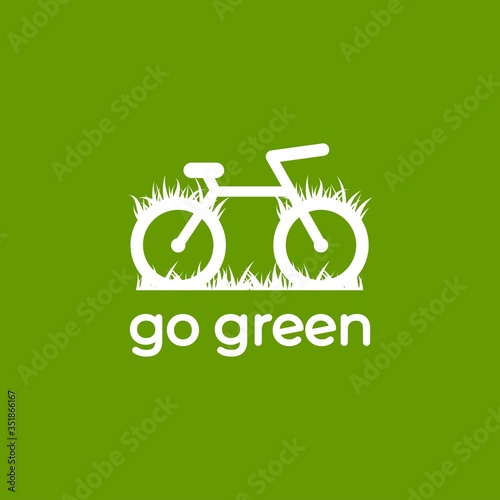 Go green logo. bicycle with grass. Flat bike logo isolated on green. Vector illustration.