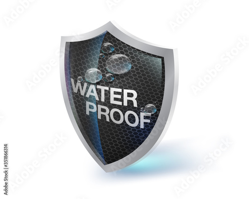 The shield icon represents materials that are waterproof, moisture and heat resistant on a white background. Future waterproof technology concepts. Fabrics, artificial leather, metals, special paints.