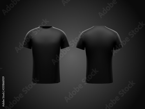 Black male t-shirt on dark black background. Both sides