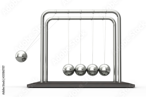 Newton's cradle in action on a white background. 3d rendering.