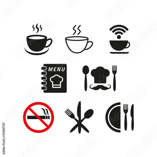 Restaurant and cafe icons set on white background.