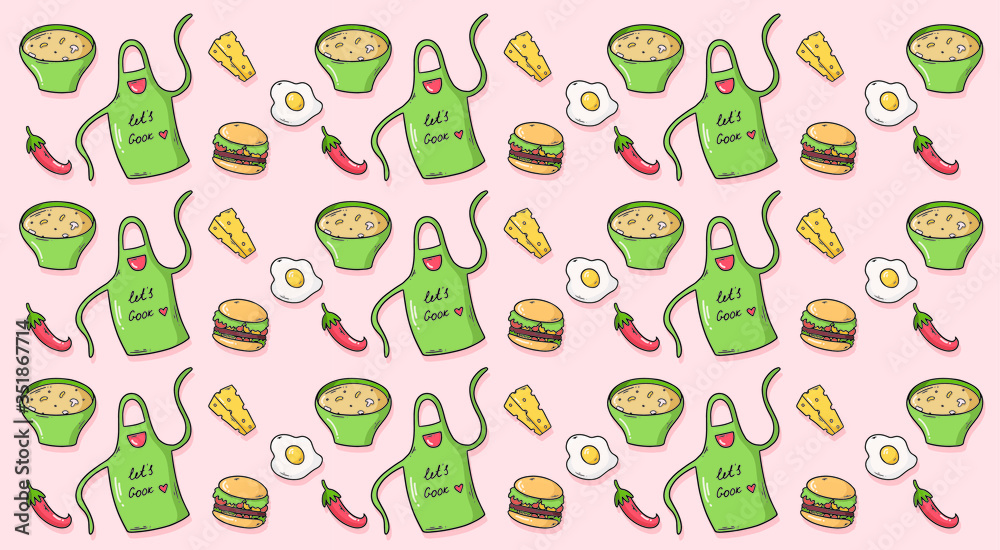 Food Pattern with apron, soup, egg, cheese, burger and pepper. Food Pattern with apron, soup, egg, cheese, burger and pepper.
