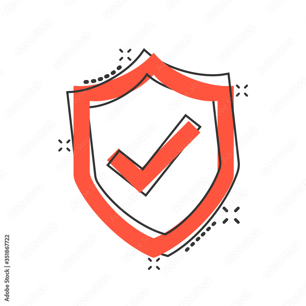 Shield with check mark icon in comic style. Protect cartoon vector illustration on white isolated background. Checkmark guard splash effect business concept. Shield with check mark icon in comic style. Protect cartoon vector illustration on white isolated background. Checkmark guard splash effect business concept.