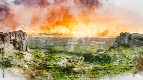Digitally generated watercolor painting of Epic Peak District Winter landscape of view from top of Hen Cloud over countryside and towards Tittesworth Reservoir