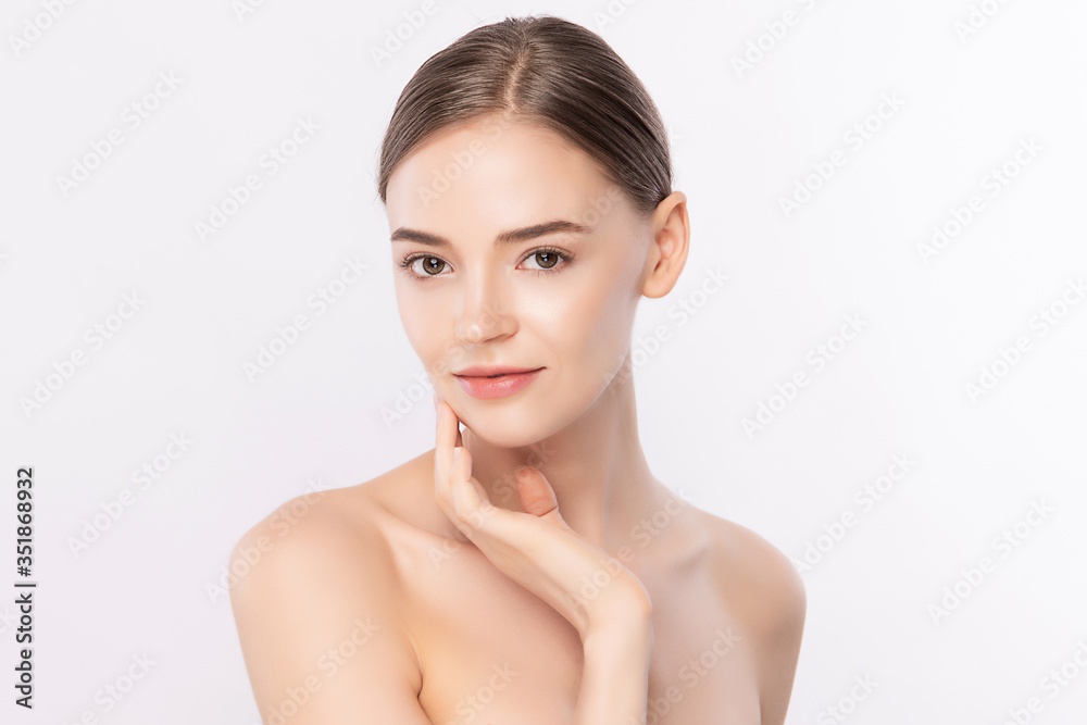 Beautiful Young Woman touching her clean face with fresh Healthy Skin, isolated on white background, Beauty Cosmetics and Facial treatment Concept. Beautiful Young Woman touching her clean face with fresh Healthy Skin, isolated on white background, Beauty Cosmetics and Facial treatment Concept.