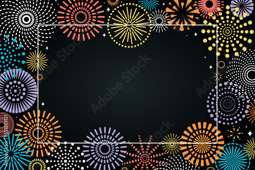 Vector illustration with bright colorful fireworks frame on a black background, space for text. Flat style design. Concept for holiday celebration, greeting card, poster, banner, flyer.