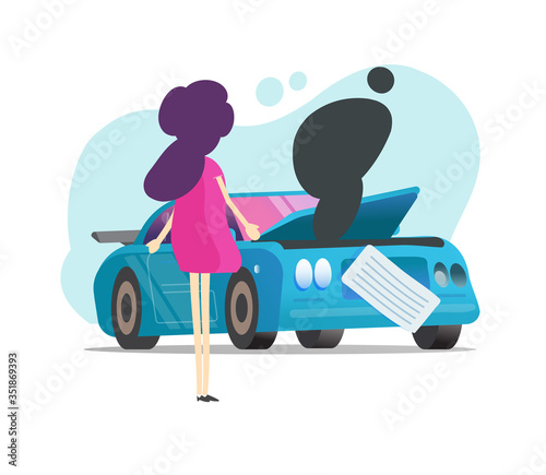 Woman driver near crashed vehicle car or one girl person and automobile accident isolated vector flat cartoon scene, illustration of broken auto transport with female character modern design image