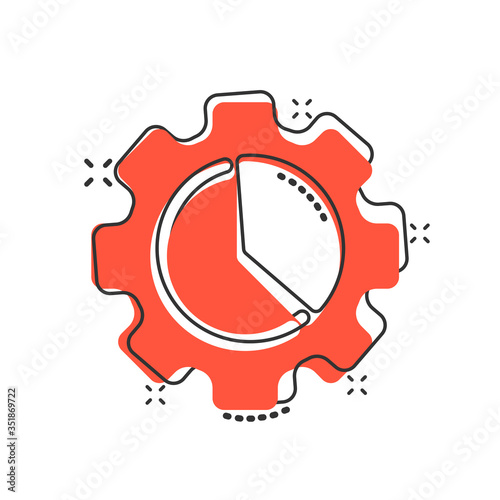 Workflow chart icon in comic style. Gear with diagram cartoon vector illustration on white isolated background. Process organization splash effect business concept.