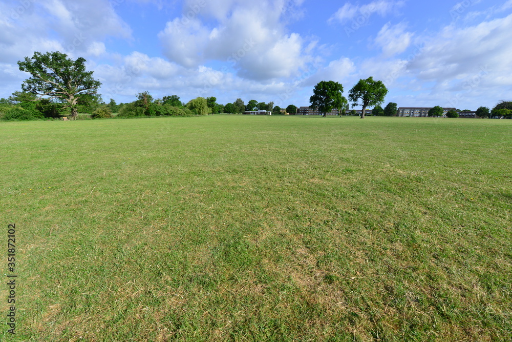 Fototapeta premium A large playing field in Horley, Surrey in Springtime.