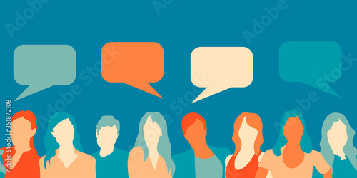 Women and speech bubbles. Discussion, talk. Horizontally repetitive pattern. Diversity, worldwide, freedom of speech, women's rights, women's day, feminism, equality. 