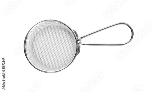 New clean strainer isolated on white, top view. Cooking utensil