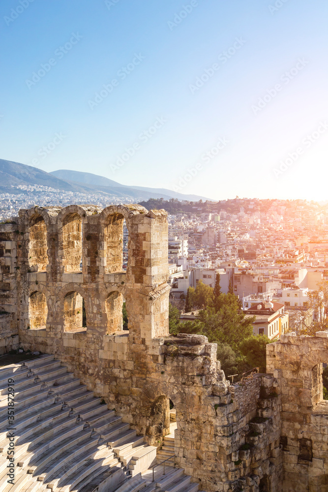 Roman theater and aerial view of Athens, Greece