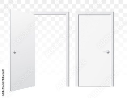 Set of opened and closed white doors on a transparent background. Vector doors in a front view, isolated on background. Simple and modern shape wooden doors in different positions.