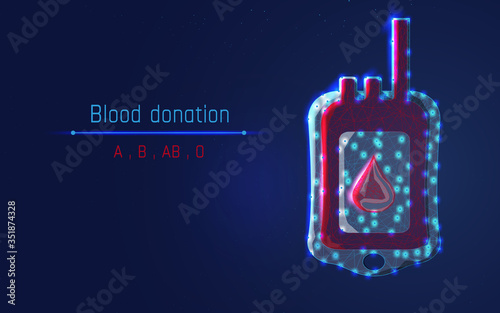 blood bag. Blood type A, B, O and AB. Red text 'Blood Donation' and  dark blue background. help people,Vector illustration sabout medical and health.plexsus,low poly,triangle,dot,eps10,wireframe