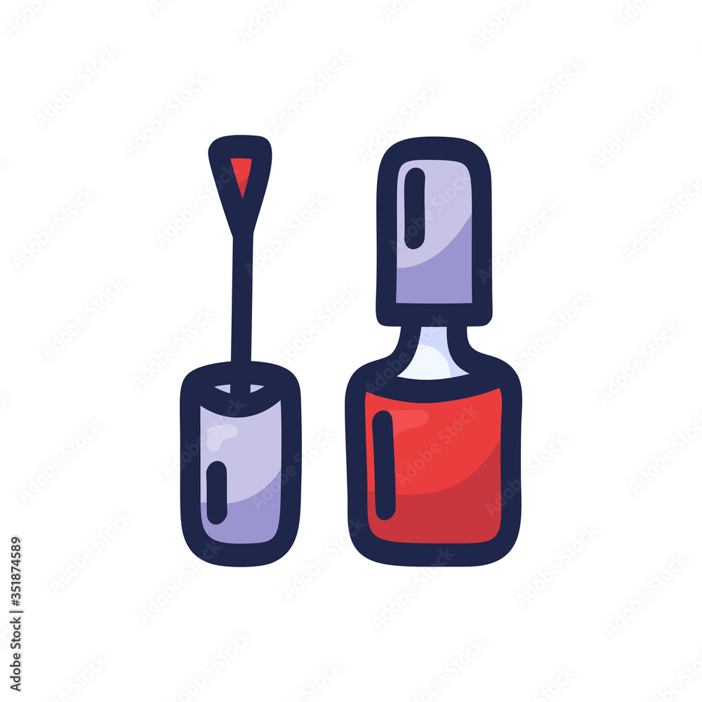 Cartoon Bottle of nail polish. Hand-drawn vector illustration isolated on white background. Manicure, pedicure tools and products doodle flat vector illustration