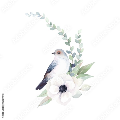 Floral decor with bird, flower anemone and branches of leaves. Vector illustration in vintage watercolor style for invitation card, wedding, greeting, decor.