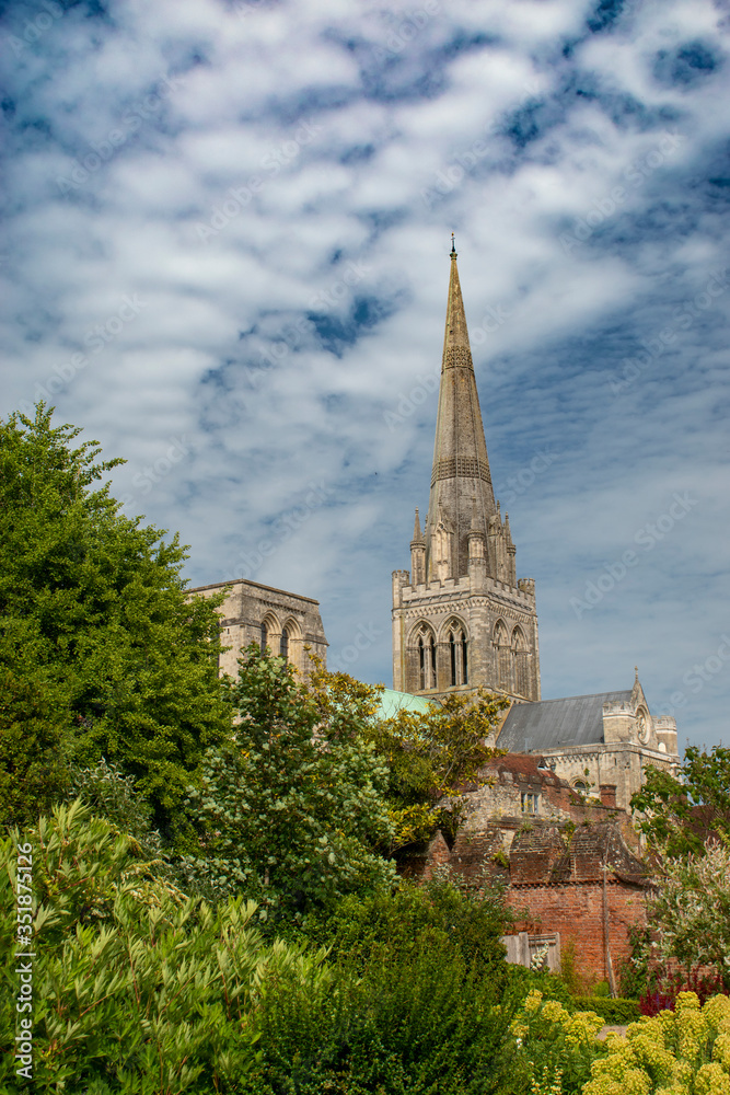 View of the historic Chichester Cathedral from the beautiful Bishops Palace Gardens.