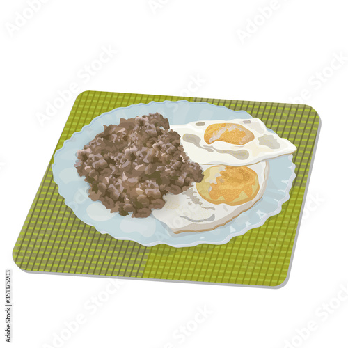 Plate with a serving of fried eggs and buckwheat porridge on a serving napkin