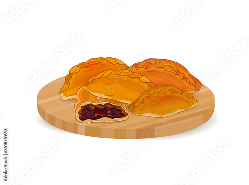 Fragrant tasty pasties with filling on a cutting board. Vector illustration