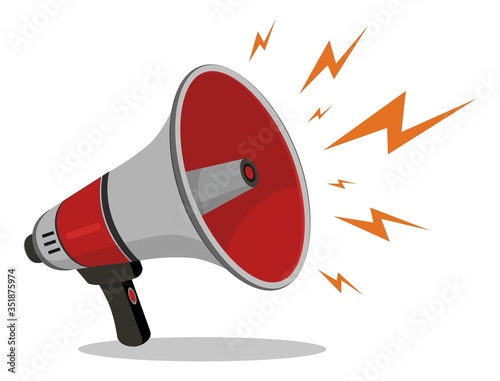 Megaphone or Loudspeaker red flat style noisy with lightning icon isolated on white background. Symbol of news, social media, promotion, broadcasting, marketing and etc.