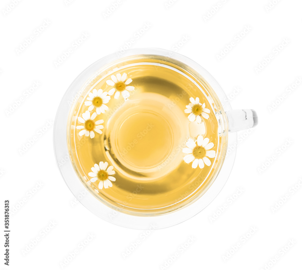 Delicious chamomile tea in glass cup isolated on white, top view Delicious chamomile tea in glass cup isolated on white, top view