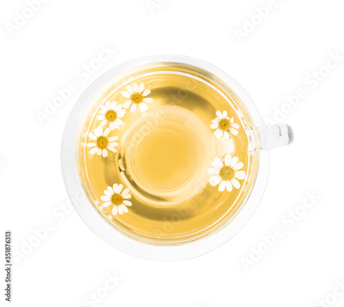Delicious chamomile tea in glass cup isolated on white  top view