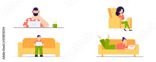 Vector flat style illustration. Working at home, coworking space, concept illustration. Young people, man and woman freelancers working on laptops with comfort at home. People at home in quarantine.