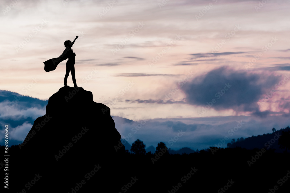 Success silhouette, confident and winner or achievement in business concept,  confident and winner in business concept, Successful, confidential people, super girl standing and show hand to celebrate