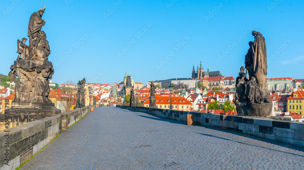 Prague Castle view from Charles Bridge on sunny spring morning, Praha, Czech Republic