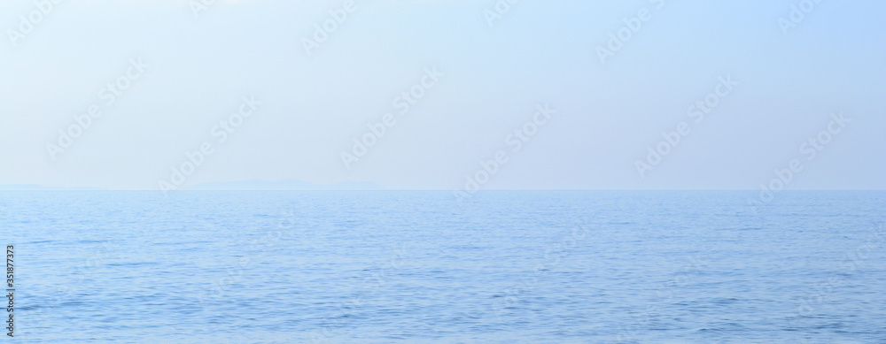 Beautiful relaxing blue water and sky background horizon, 3d illustration