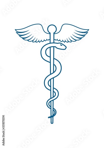 Medical symbol - Staff of Asclepius or Caduceus with wings line art icon isolated on white background.
