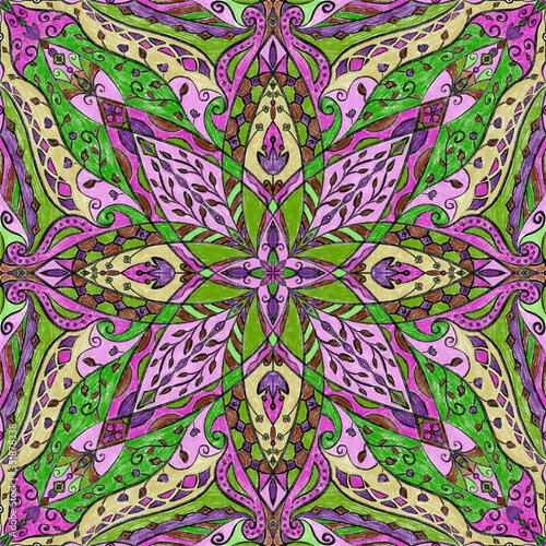 Hand drawn old looking ornament. Geometric ornament, colorful tiles, azulejo.
