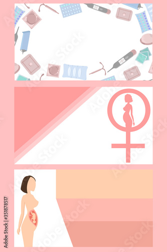 Set of business cards. Planning and management of pregnancy. Vector design for business cards of an obstetrician-gynecologist, banner for a women's consultation.