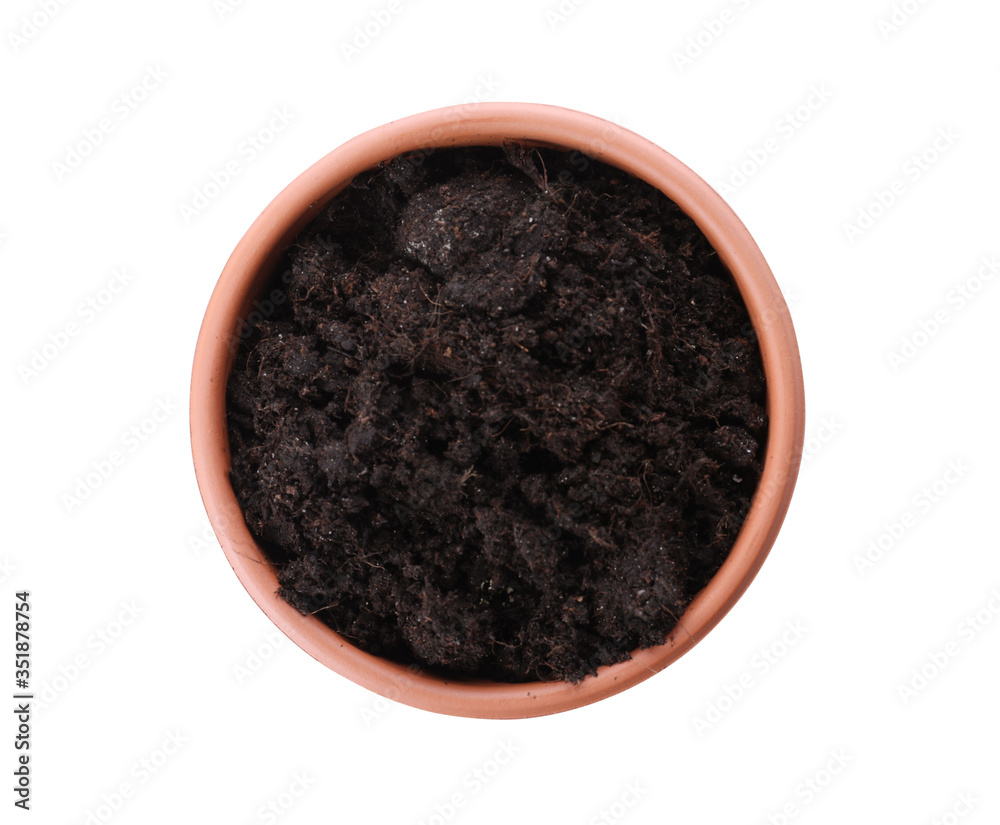 Φωτογραφία Stylish terracotta flower pot with soil isolated on white, top view