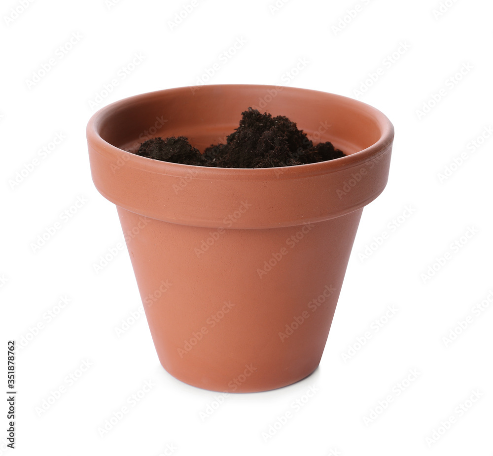 Stylish terracotta flower pot with soil isolated on white Stylish terracotta flower pot with soil isolated on white