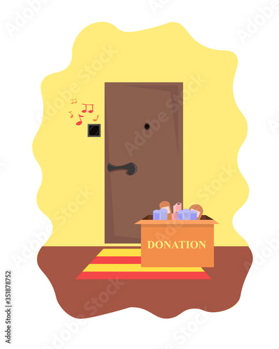 Vector illustration of a donation box under the door. Assistance to those in need in a difficult life situation. Design for a website, postcards, and banners.