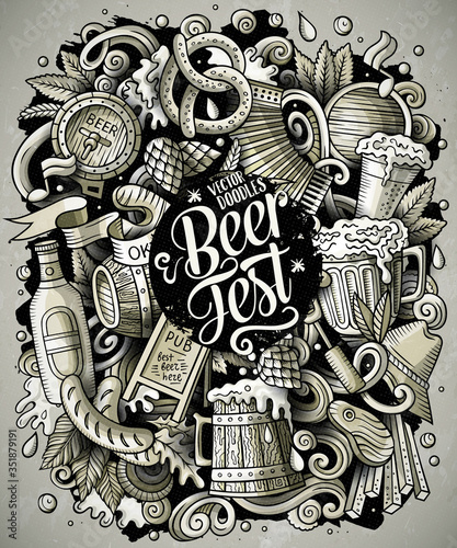 Cartoon vector doodles Beer fest illustration. Oktoberfest funny picture