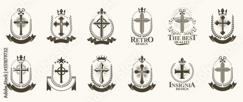 Vintage Christian crosses vector logos or emblems, heraldic design elements big set, classic style heraldry religion symbols, antique designs.
