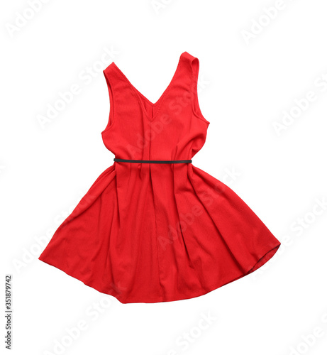 Billede på lærred Short red dress with belt isolated on white, top view