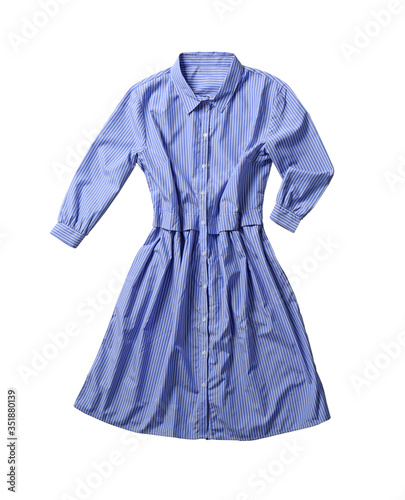 Leinwand Poster Blue striped shirt dress isolated on white, top view