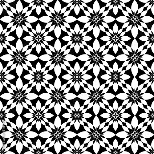 Black and white floral as seamless pattern. Abstract background for textile design, surface textures, wrapping paper.Simple regular graphic design with abstract flowers. 