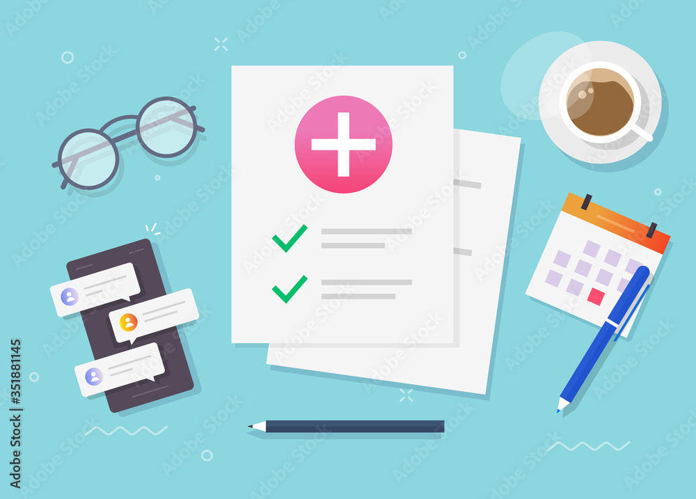 Medical health research patient paper report or insurance check list vector flat cartoon lay, illustration of medicine document on office desk table top view, diagnose test analyze workplace image Medical health research patient paper report or insurance check list vector flat cartoon lay, illustration of medicine document on office desk table top view, diagnose test analyze workplace image