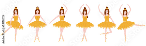 Young ballerina in yellow tutu in various ballet poses. Cartoon ballerina character