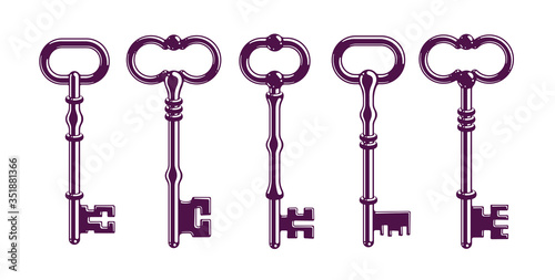 Vintage keys vector logos or icons set, beautiful antique turnkeys illustrations isolated.