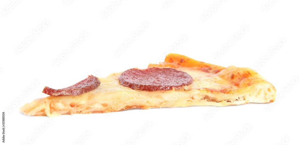 Slice of tasty pepperoni pizza isolated on white