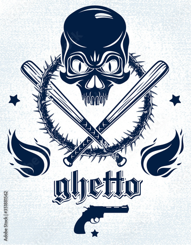 Gangster emblem logo or tattoo with aggressive skull baseball bats and other weapons and design elements, vector, criminal ghetto vintage style, gangster anarchy or mafia theme.