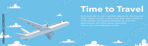 Vector and illustration of airplane traveling in sky air, aircraft flight in the blue sky and clouds in flat cartoon style. time to travel concept.