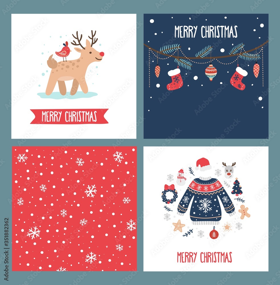 Merry christmas greeting cards collection vector illustration. Red socks festive tree decorations deer and knitted sweater cartoon design. Xmas and winter concept